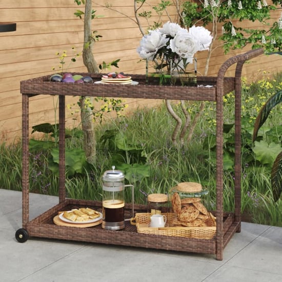 Product photograph of Selah Poly Rattan Drinks Trolley With 2 Shelves In Brown from Furniture in Fashion