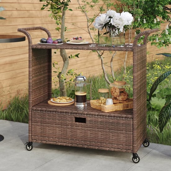 Product photograph of Selah Poly Rattan Drinks Trolley With Drawer In Brown from Furniture in Fashion