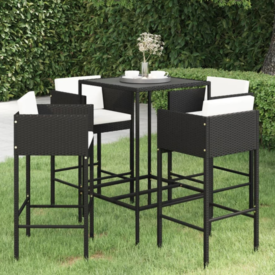 Photo of Selah small glass top bar table with 4 avyanna chairs in black