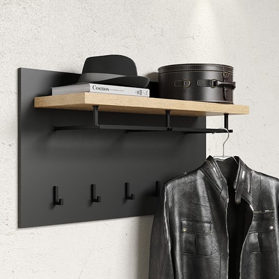 Product photograph of Selia Hallway Coat Rack Panel In Anthracite And Evoke Oak from Furniture in Fashion