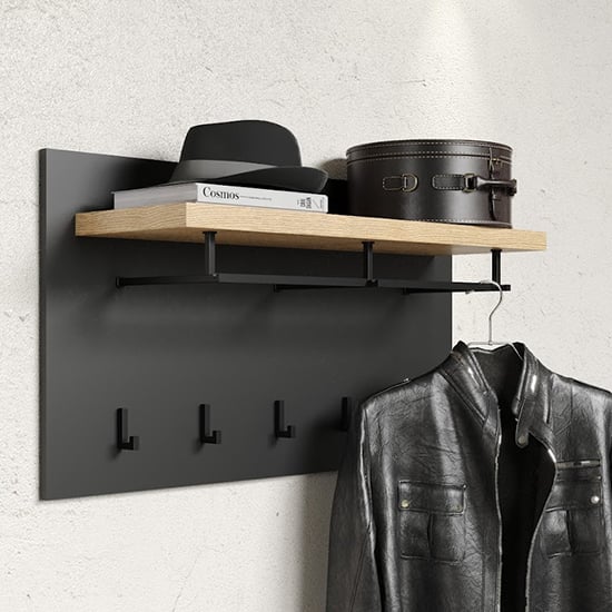 Selia Hallway Coat Rack Panel In Anthracite And Evoke Oak Furniture in Fashion