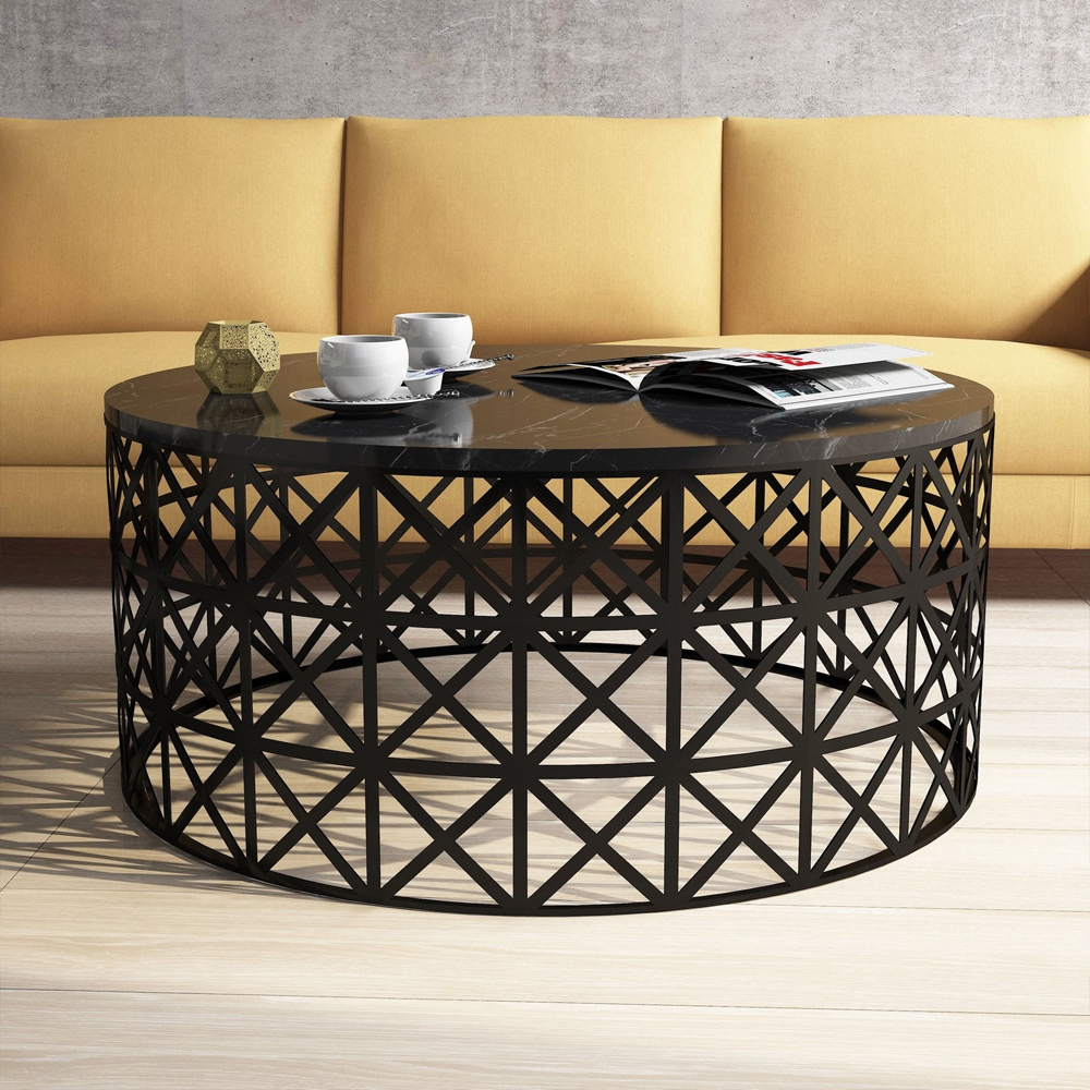 Selin Round Black Marble Effect Coffee Table with Metal Base