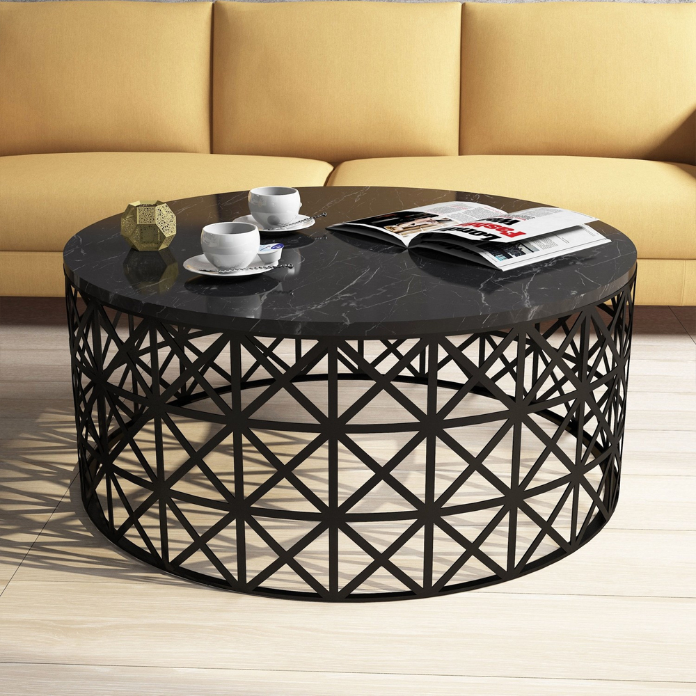 Selin Round Black Marble Effect Coffee Table with Metal Base