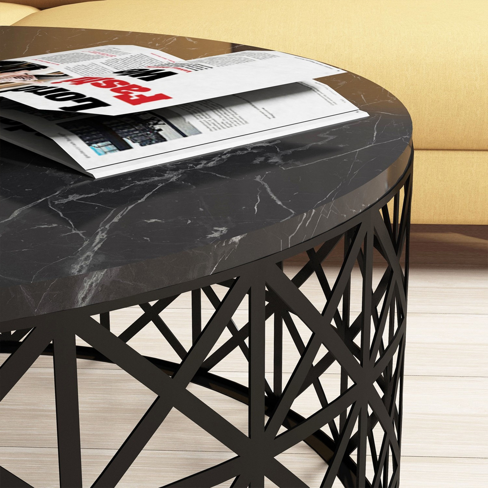 Selin Round Black Marble Effect Coffee Table with Metal Base