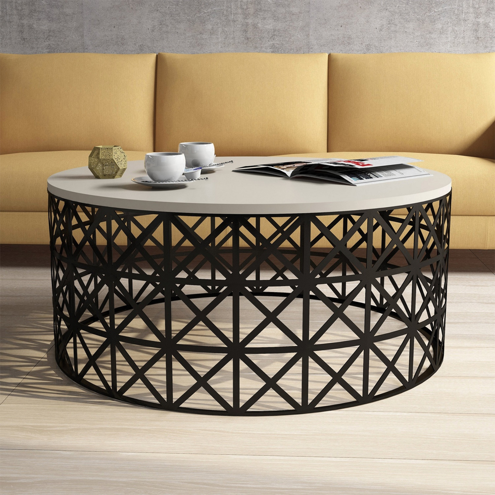 Selin Round Cream Wooden Coffee Table with Black Metal Base