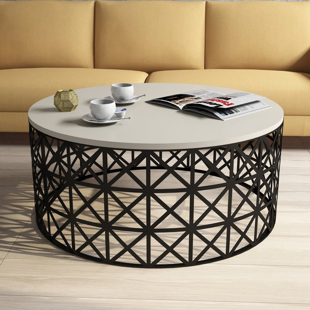 Selin Round Cream Wooden Coffee Table with Black Metal Base