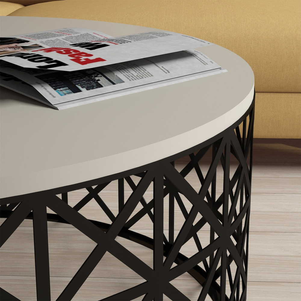 Selin Round Cream Wooden Coffee Table with Black Metal Base