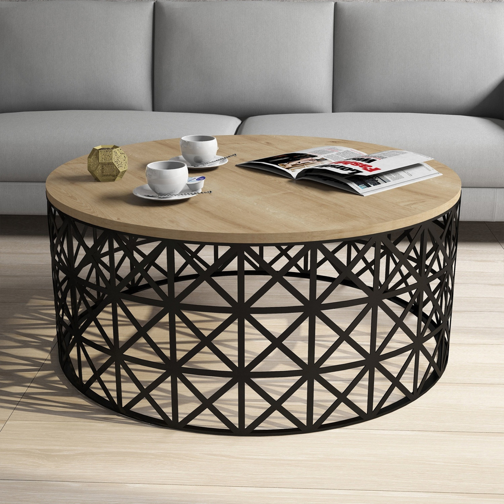 Selin Round Oak Wooden Coffee Table with Black Metal Base