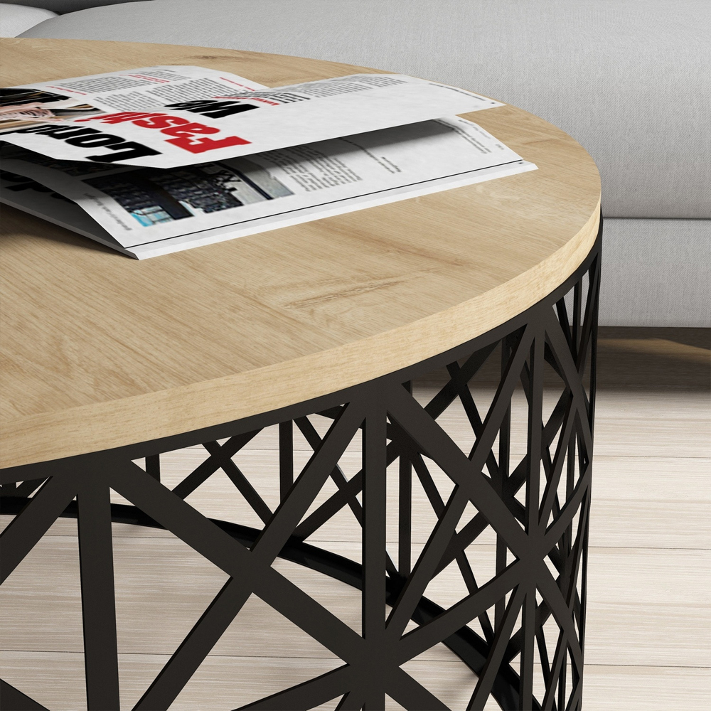Selin Round Oak Wooden Coffee Table with Black Metal Base
