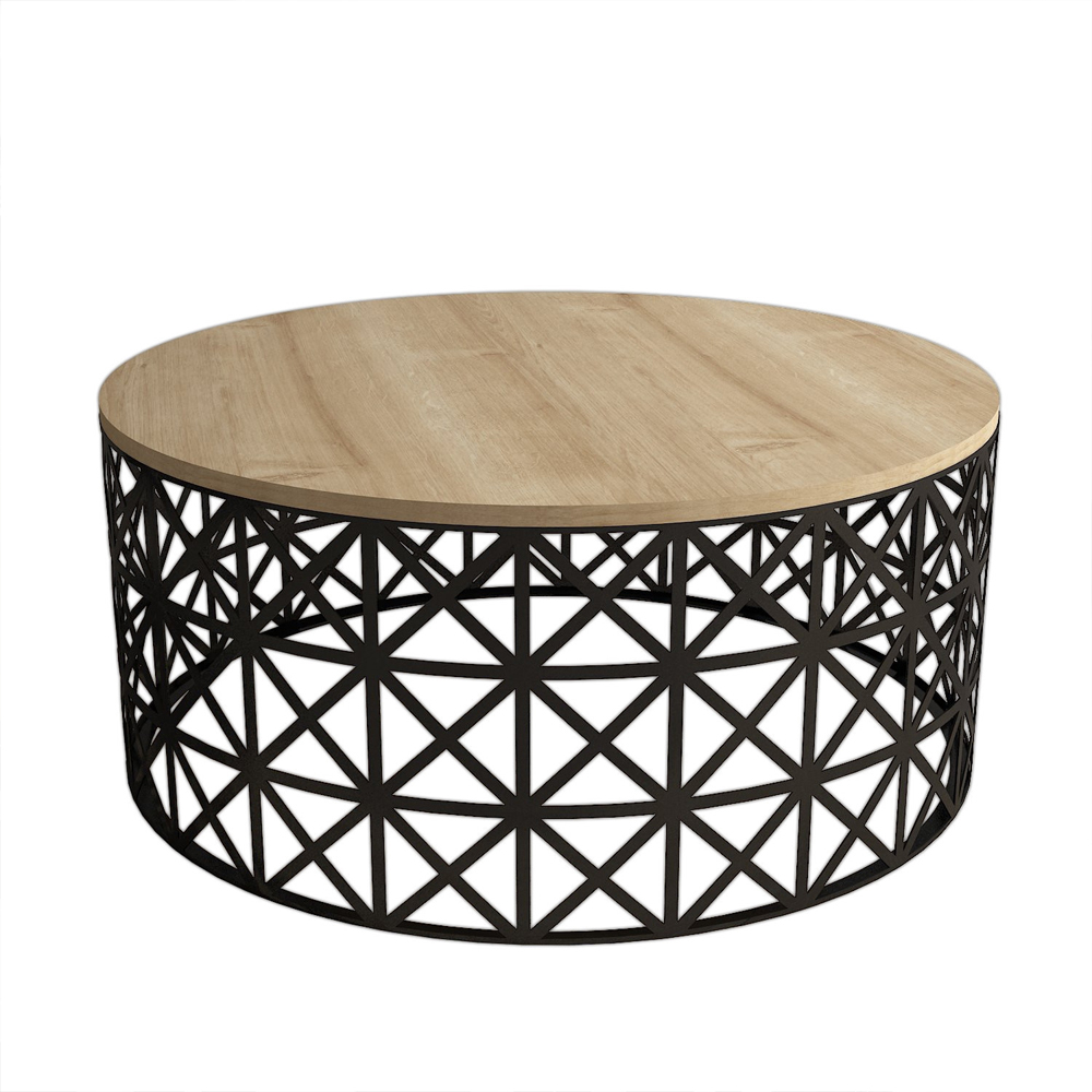 Selin Round Oak Wooden Coffee Table with Black Metal Base