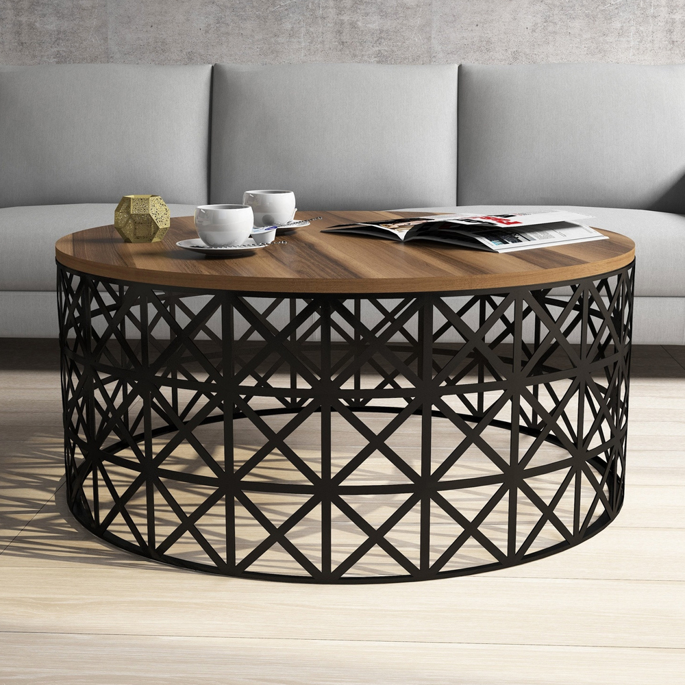 Selin Round Walnut Wooden Coffee Table with Black Metal Base