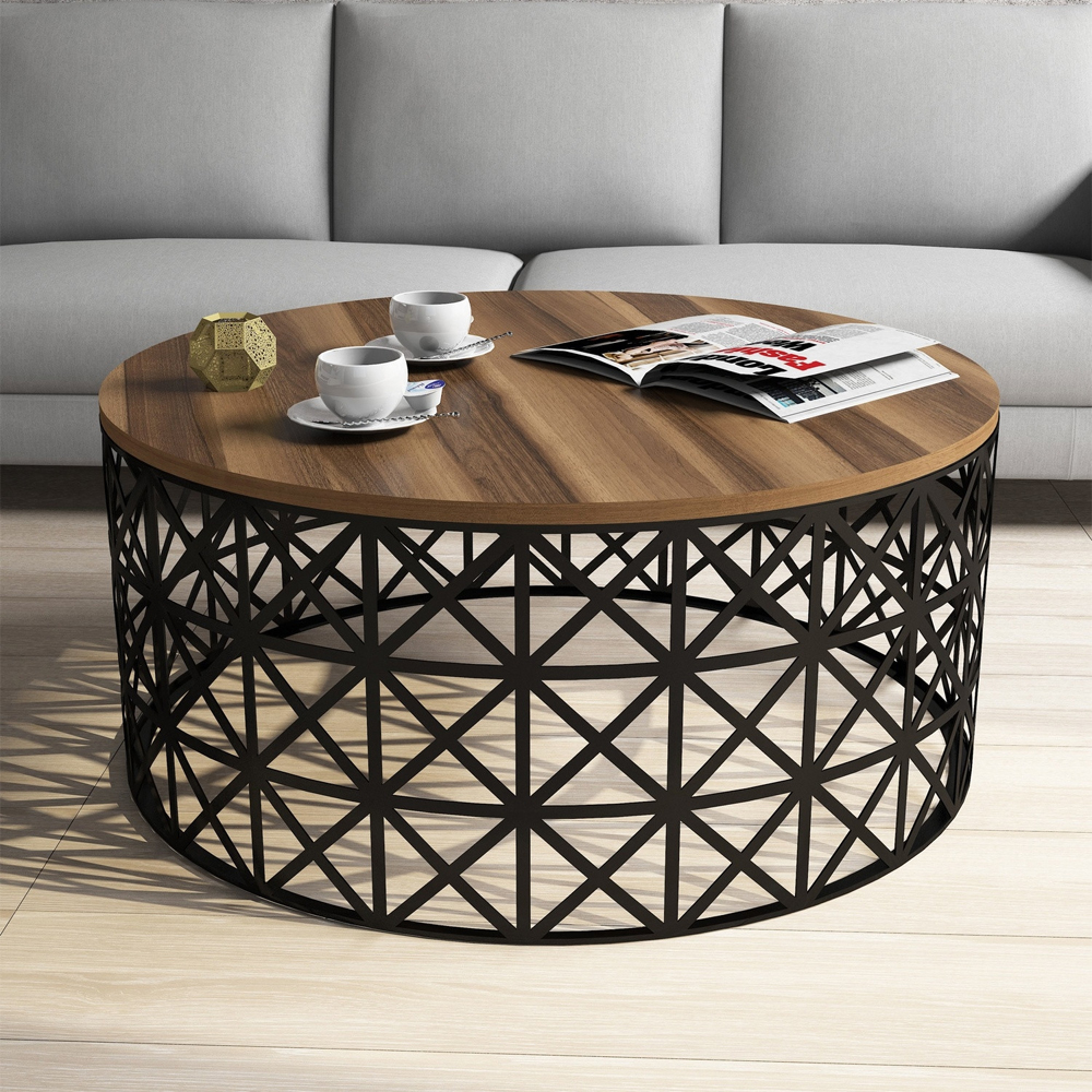 Selin Round Walnut Wooden Coffee Table with Black Metal Base