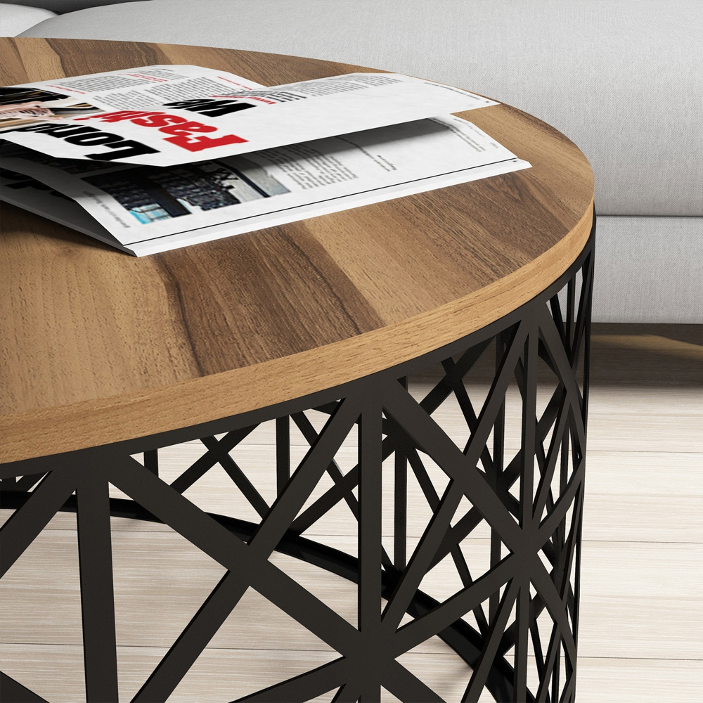 Selin Round Walnut Wooden Coffee Table with Black Metal Base