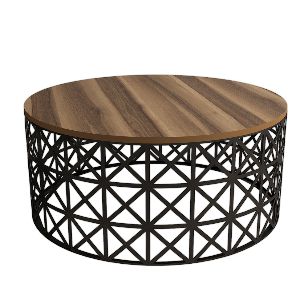 Selin Round Walnut Wooden Coffee Table with Black Metal Base