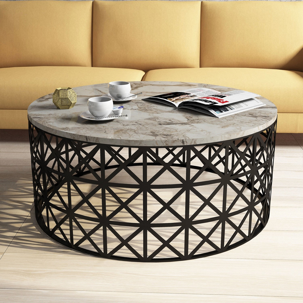 Selin Round White Marble Effect Coffee Table with Metal Base