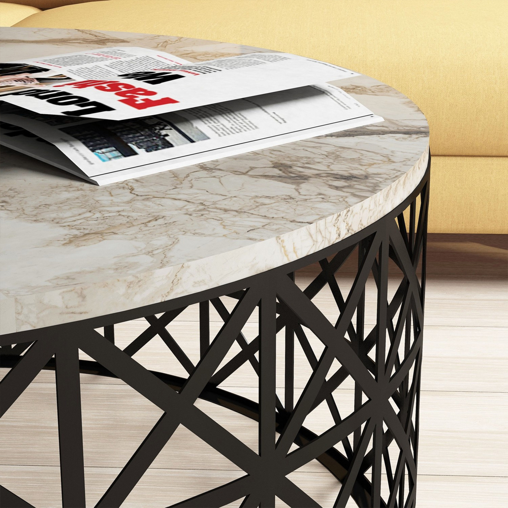 Selin Round White Marble Effect Coffee Table with Metal Base