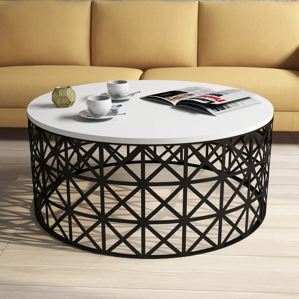 Selin Round White Wooden Coffee Table with Black Metal Base