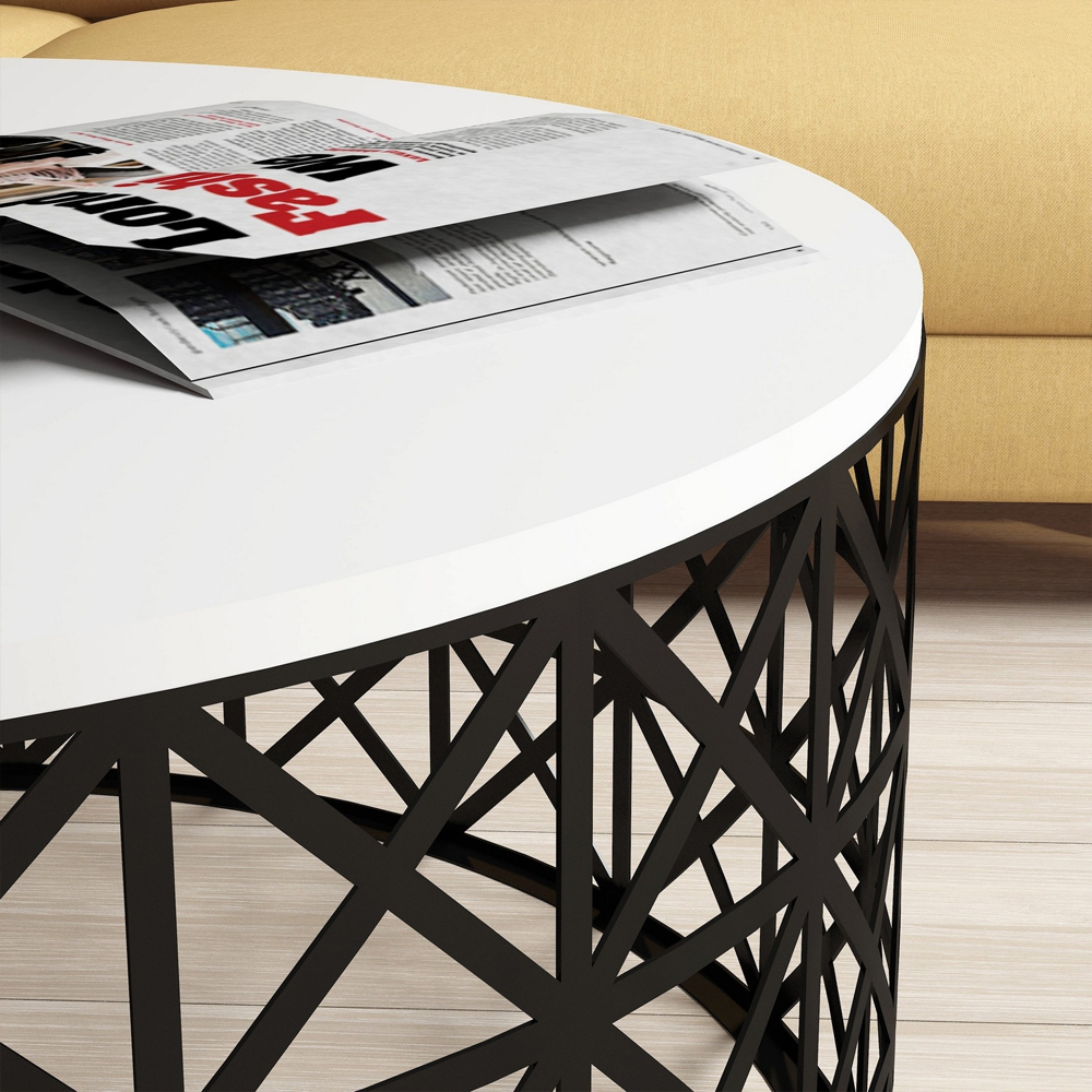 Selin Round White Wooden Coffee Table with Black Metal Base