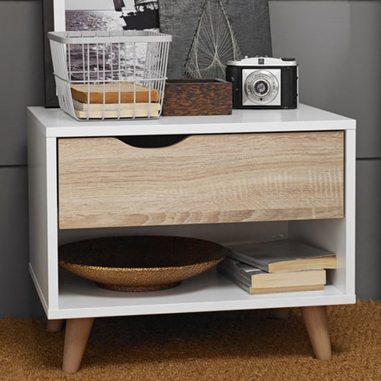 Photo of Selkirk wooden bedside cabinet in matt white and oak