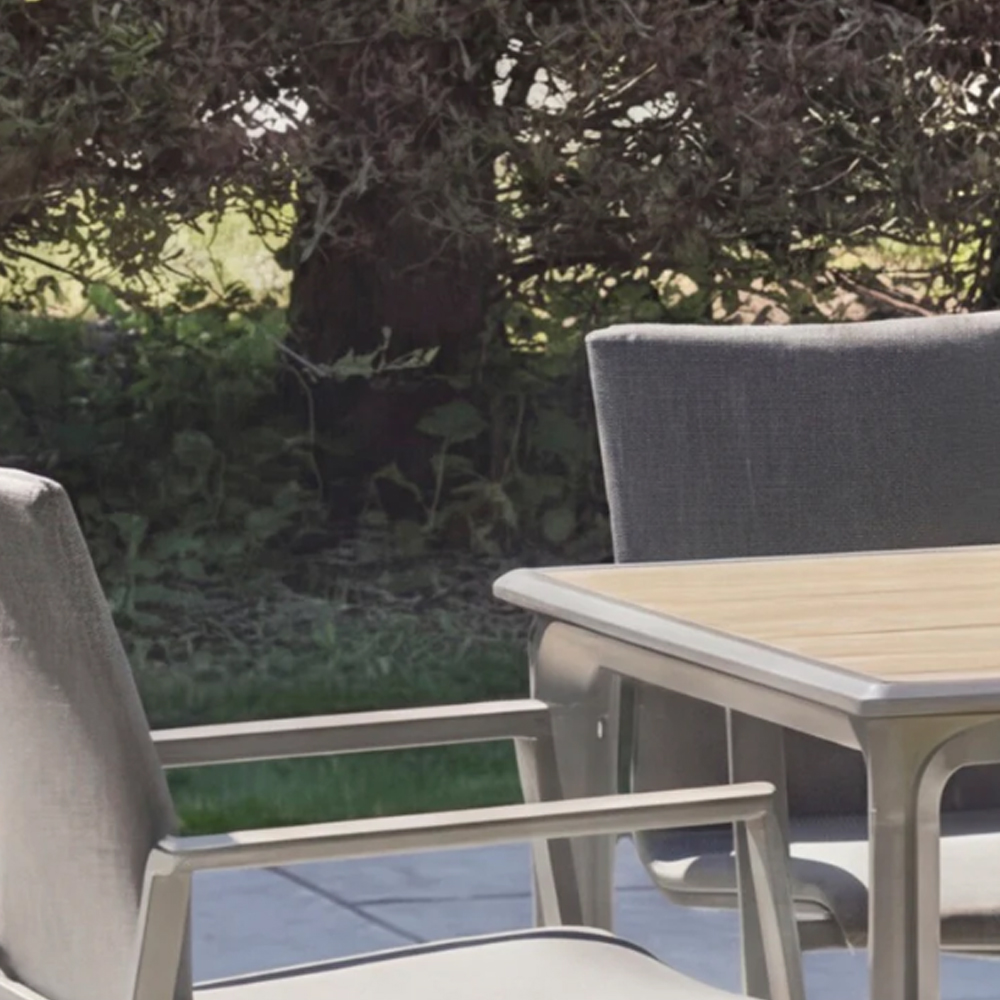 Selma Aluminium Garden 6 Seater Dining Set with Parasol in Birch Effect