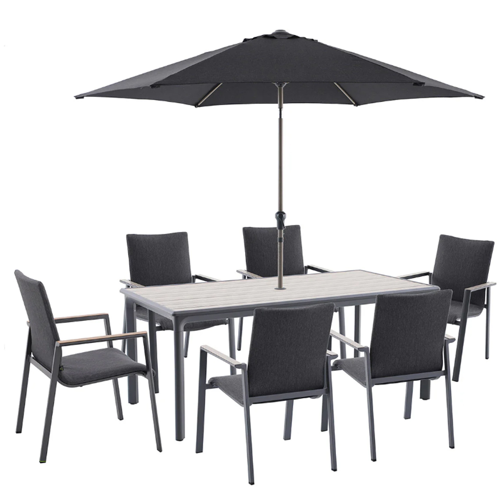 Selma Aluminium Garden 6 Seater Dining Set with Parasol in Birch Effect