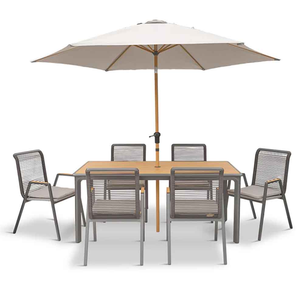 Selma Aluminium Garden 6 Seater Dining Set with Parasol in Grey and Oak