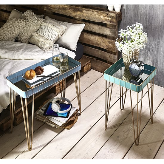 Selma Mirrored Side Table In Blue With Gold Metal Legs_3