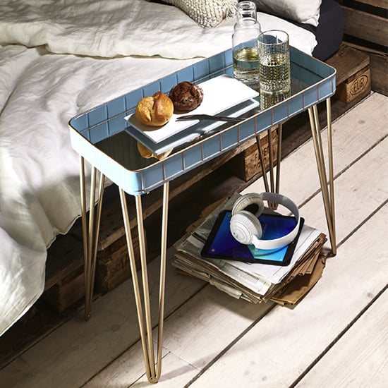 Selma Mirrored Side Table In Blue With Gold Metal Legs
