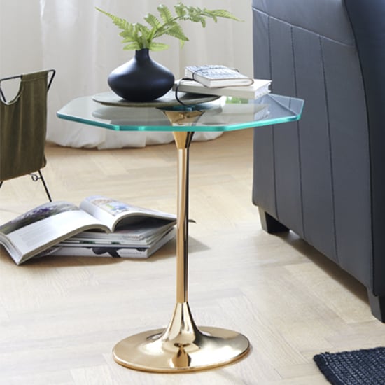 Selma Octagonal Clear Glass Side Table With Gold Metal Base_1