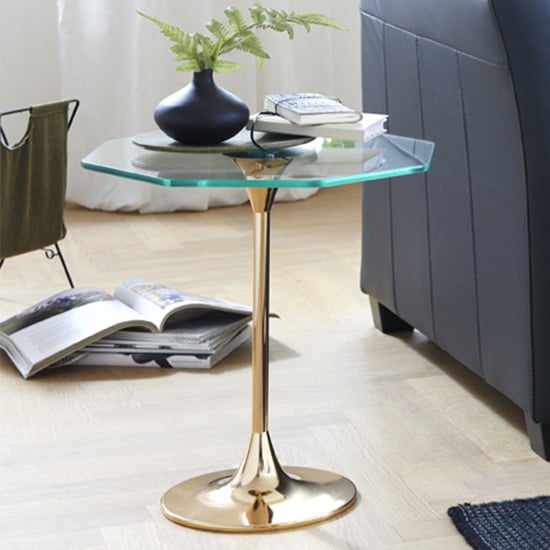 Photo of Selma octagonal clear glass side table with gold metal base