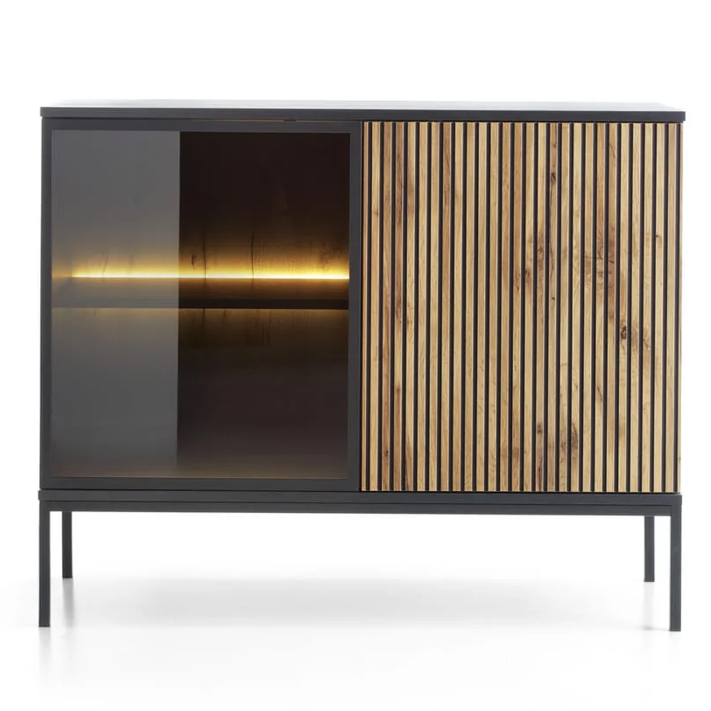 Selma Wooden Display Cabinet With 2 Doors In Black And Wotan Oak