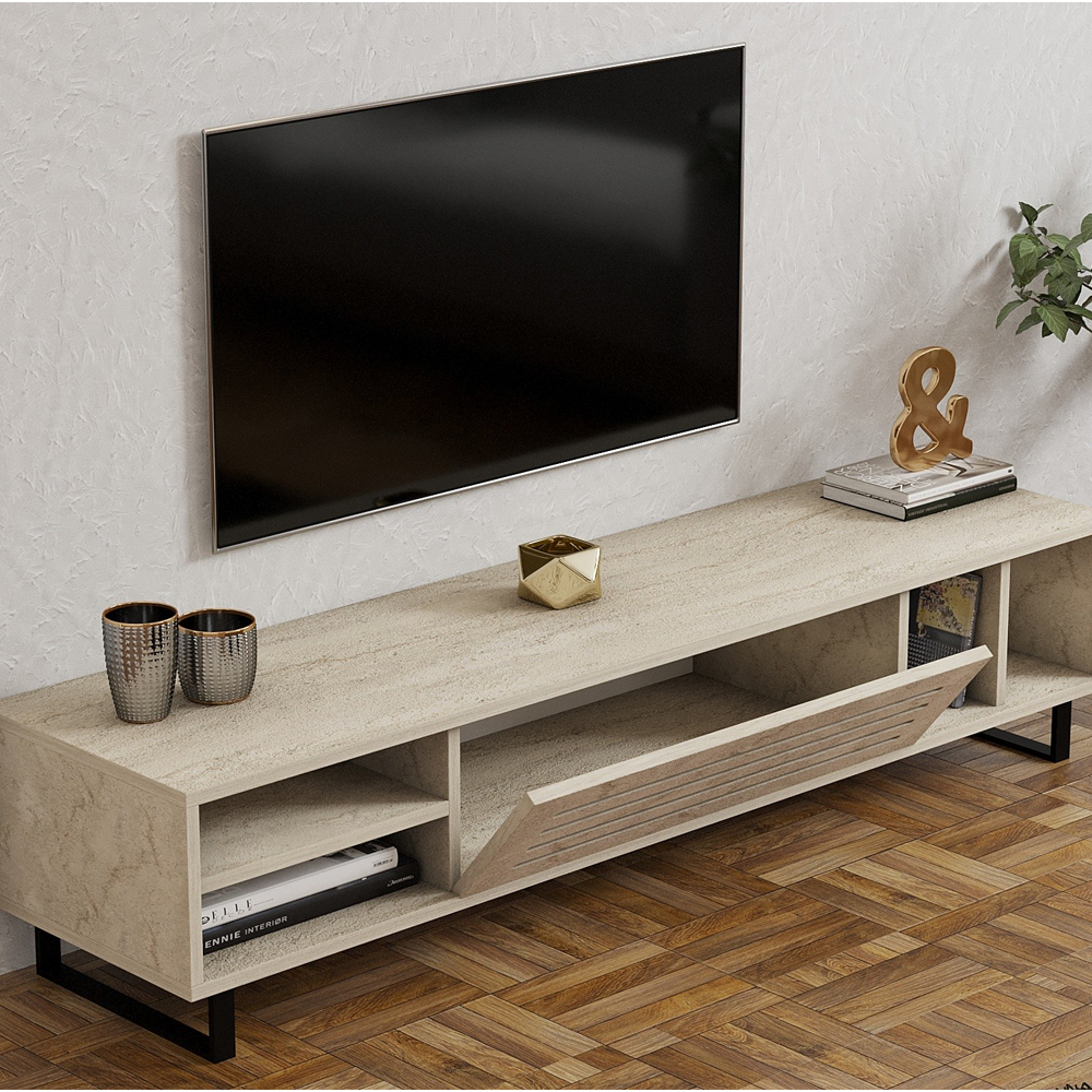 Selora Wooden TV Stand with Metal Legs in Travertine Marble Effect