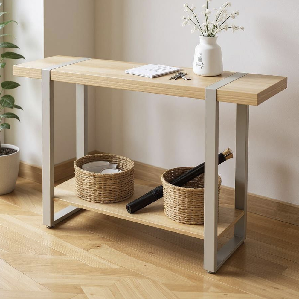 Senatobia Wooden Console Table With Grey Frame In Oak