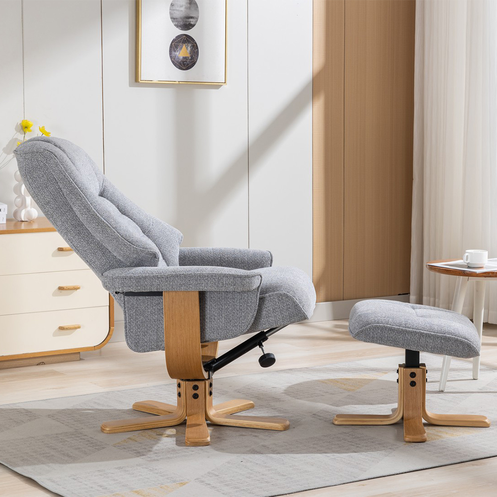Seneca Fabric Recliner Chair With Stool In Dove And Oak