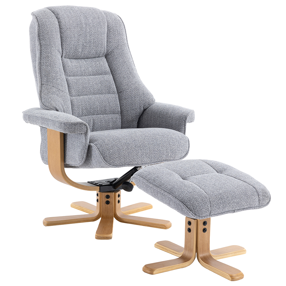 Seneca Fabric Recliner Chair With Stool In Dove And Oak