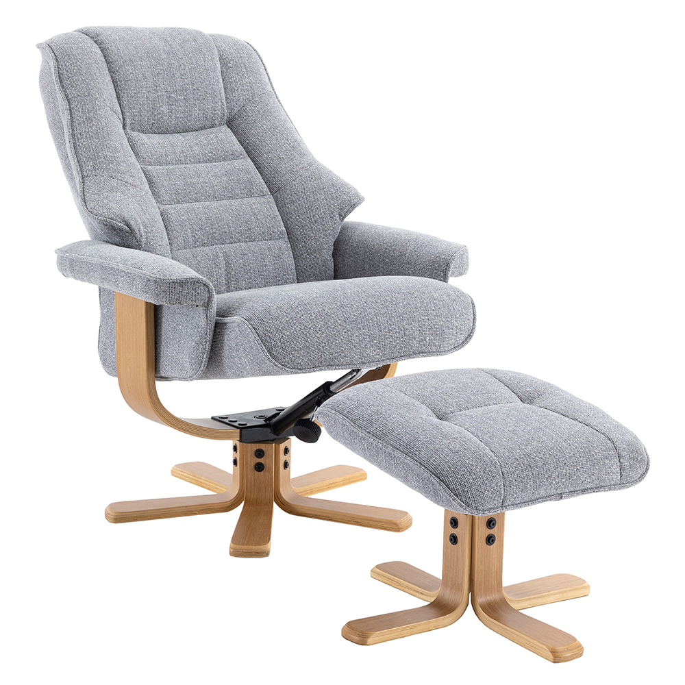 Seneca Fabric Recliner Chair With Stool In Dove And Oak