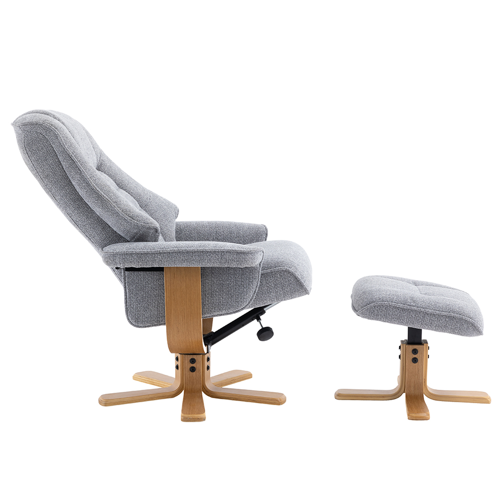 Seneca Fabric Recliner Chair With Stool In Dove And Oak