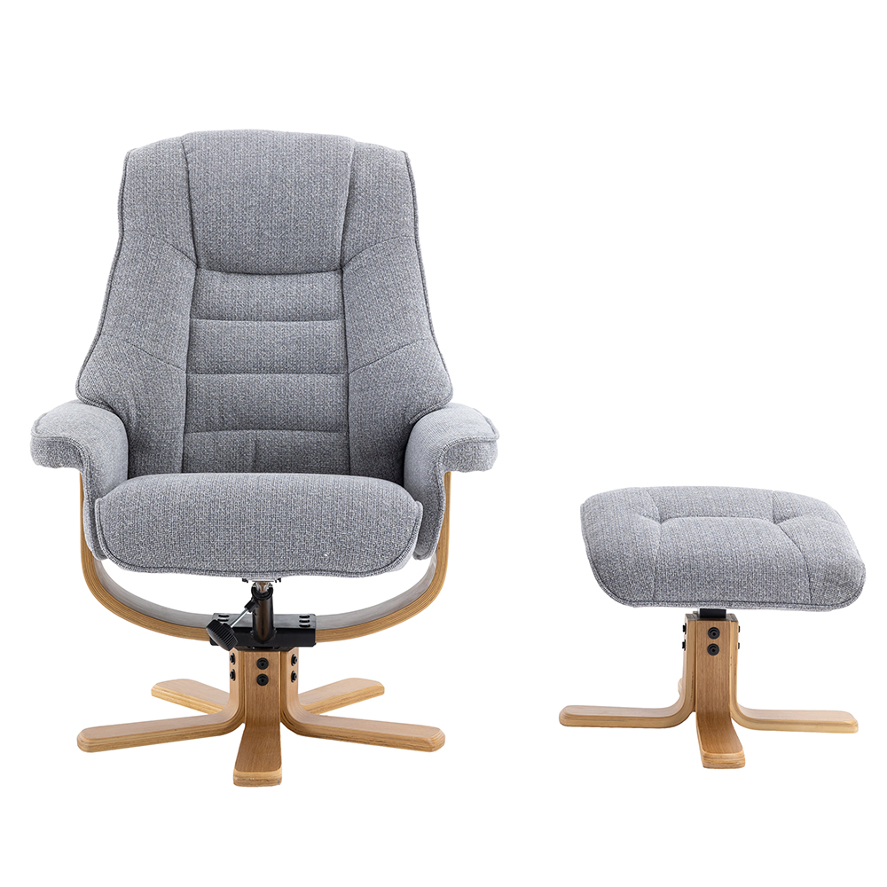 Seneca Fabric Recliner Chair With Stool In Dove And Oak