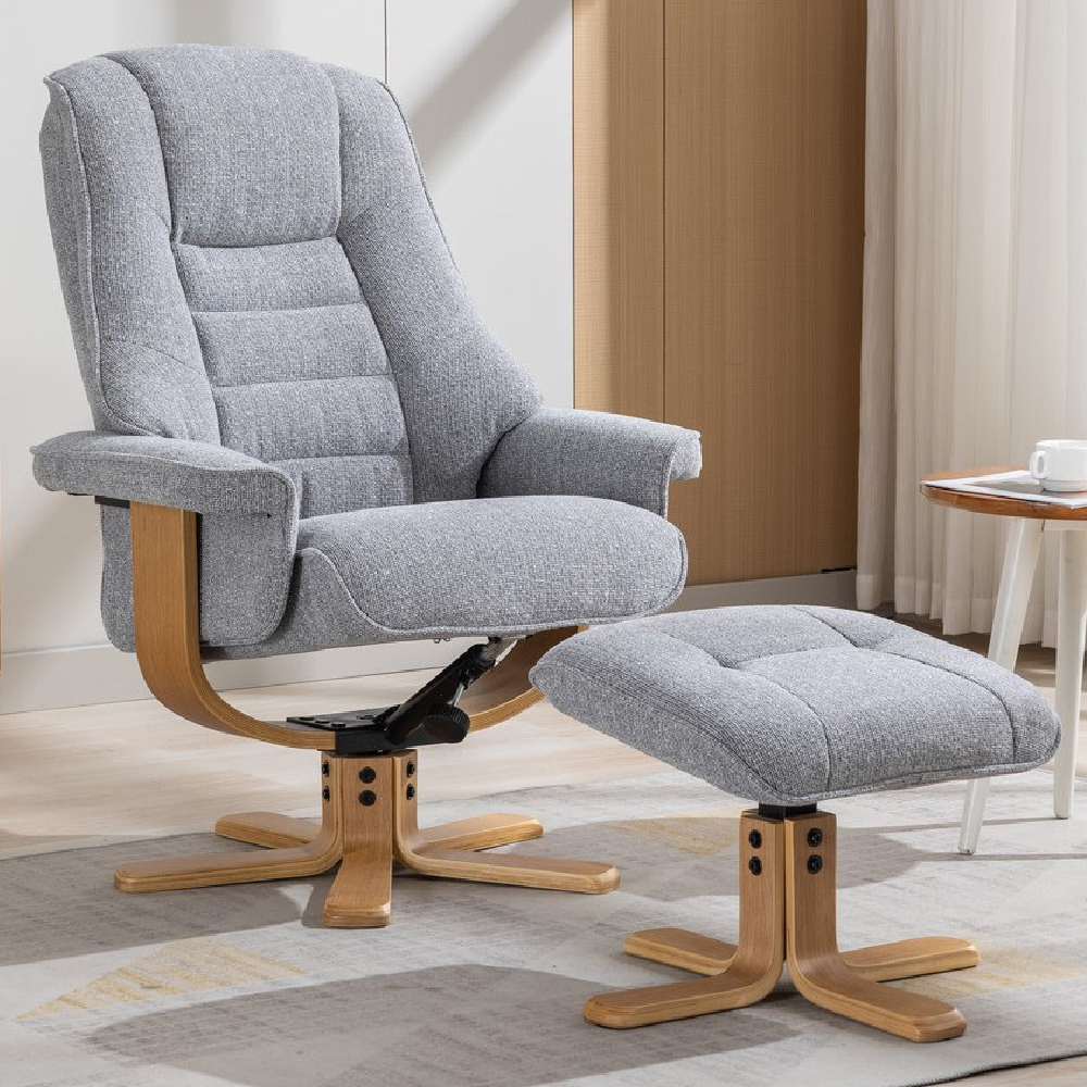 Seneca Fabric Recliner Chair With Stool In Dove And Oak