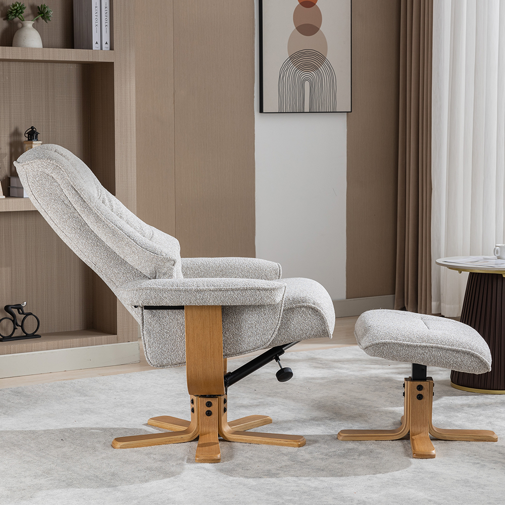 Seneca Fabric Recliner Chair With Stool In Greige And Oak