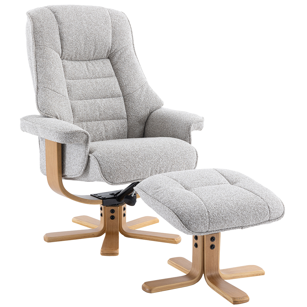 Seneca Fabric Recliner Chair With Stool In Greige And Oak