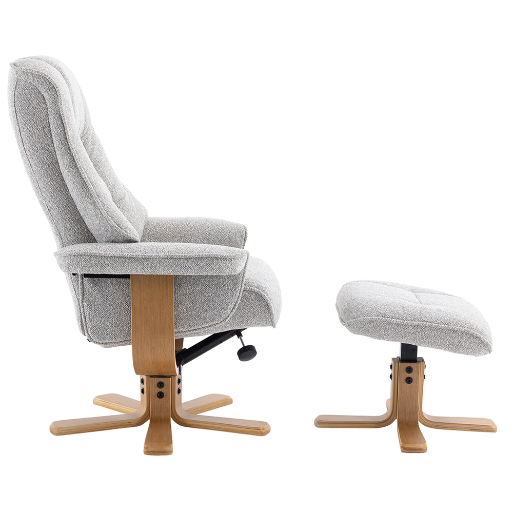 Seneca Fabric Recliner Chair With Stool In Greige And Oak
