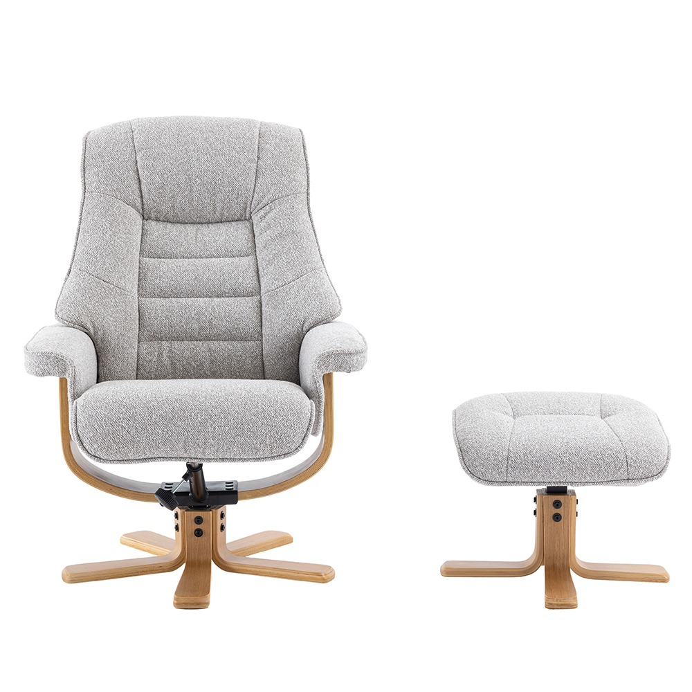 Seneca Fabric Recliner Chair With Stool In Greige And Oak