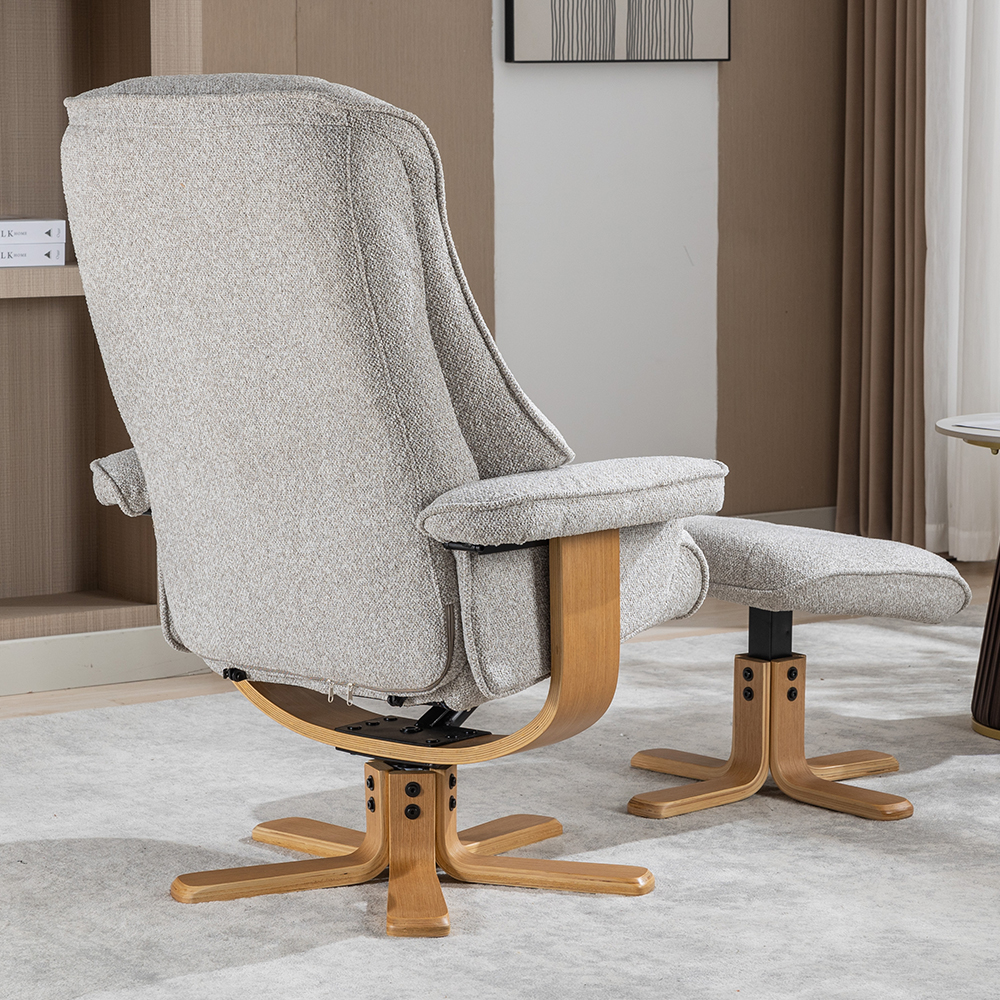 Seneca Fabric Recliner Chair With Stool In Greige And Oak