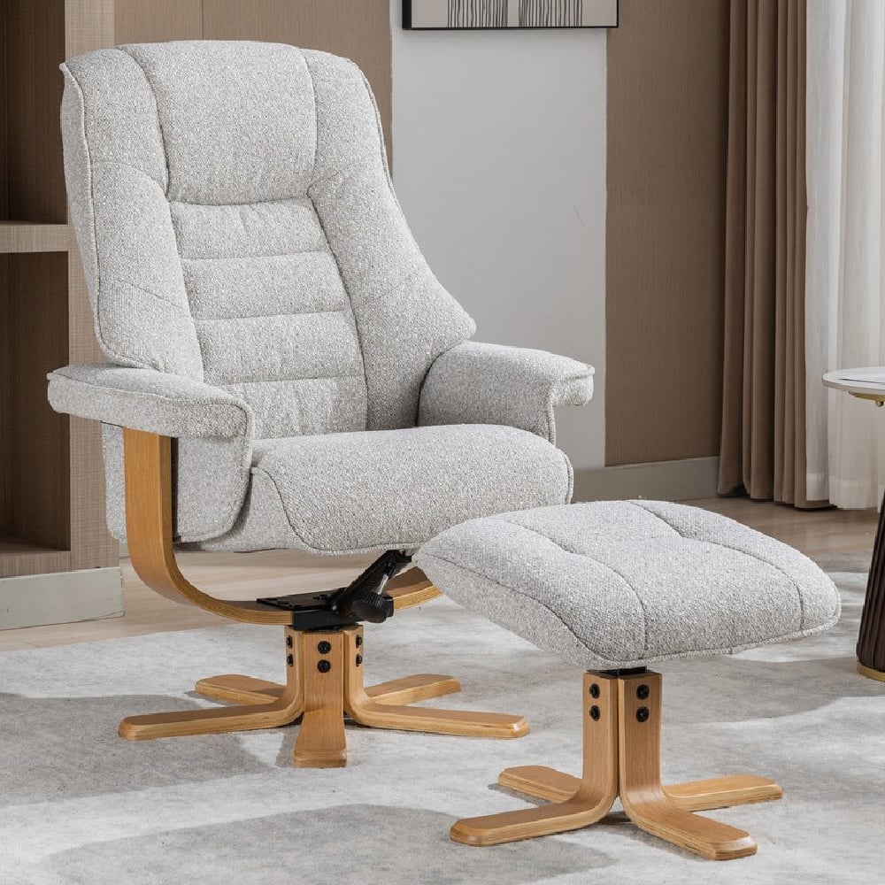 Seneca Fabric Recliner Chair With Stool In Greige And Oak