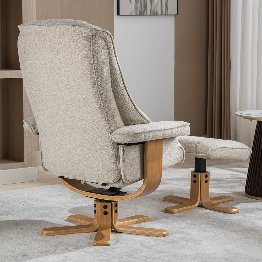 Seneca Fabric Recliner Chair With Stool In Hessian And Oak