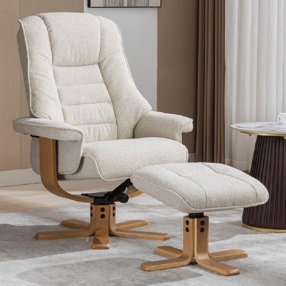 Seneca Fabric Recliner Chair With Stool In Hessian And Oak