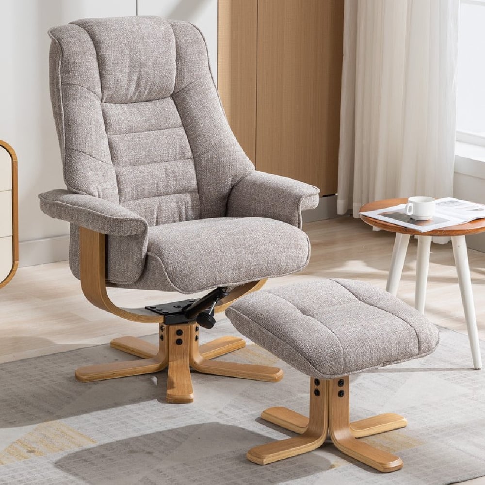 Seneca Fabric Recliner Chair With Stool In Oat And Oak