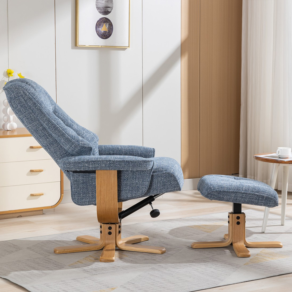 Seneca Fabric Recliner Chair With Stool In Ocean And Oak