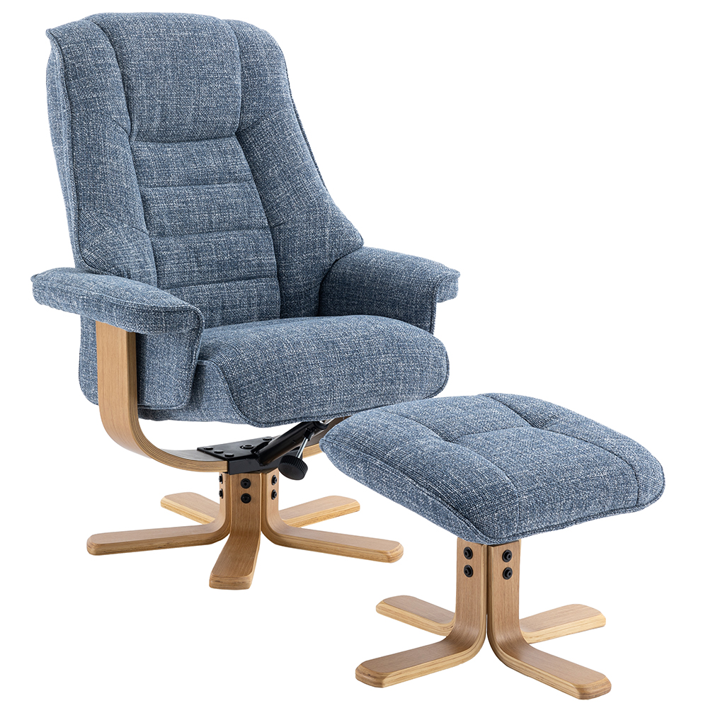 Seneca Fabric Recliner Chair With Stool In Ocean And Oak